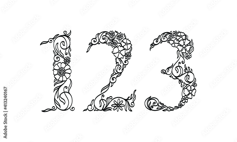 floral illustration number 1, 2, 3, vector graphic font made by flower and leaf plant creative hand drawn line art for abstract and natural nature style looks in unique monochrome design decoration