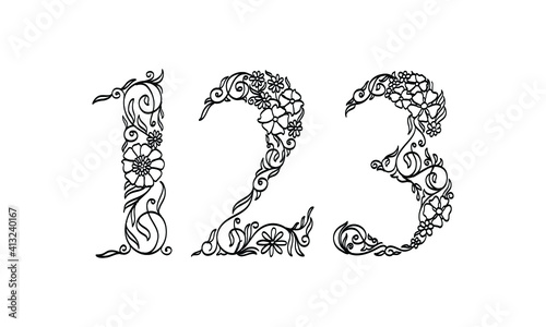 floral illustration number 1, 2, 3, vector graphic font made by flower and leaf plant creative hand drawn line art for abstract and natural nature style looks in unique monochrome design decoration