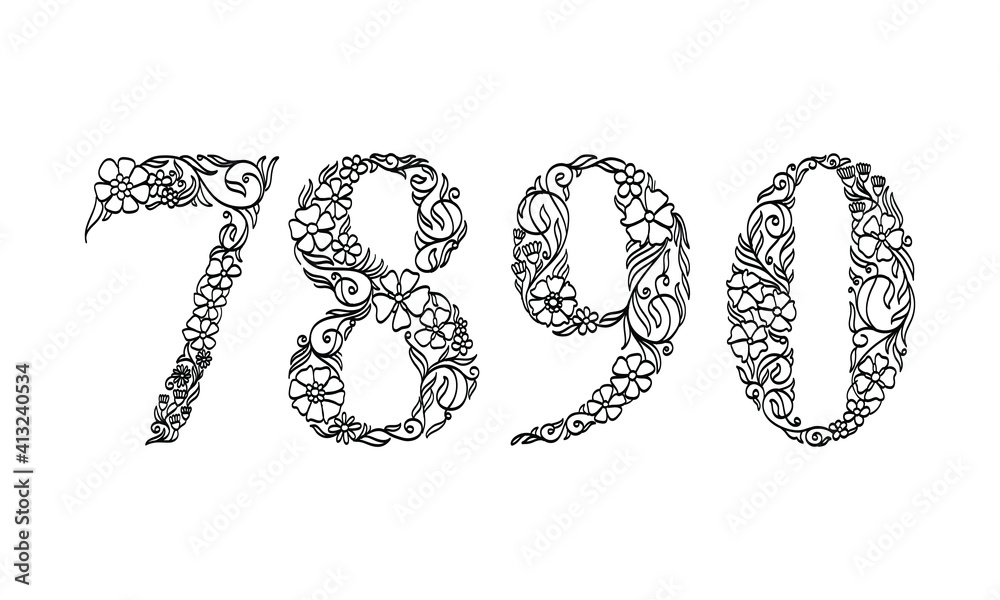 floral illustration number 7, 8, 9, 0, vector graphic font made by flower and leaf plant creative hand drawn line art for abstract and natural nature style looks in unique monochrome design decoration floral illustration number 7, 8, 9, 0, vector graphic font made by flower and leaf plant creative hand drawn line art for abstract and natural nature style looks in unique monochrome design decoration