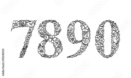 floral illustration number 7, 8, 9, 0, vector graphic font made by flower and leaf plant creative hand drawn line art for abstract and natural nature style looks in unique monochrome design decoration