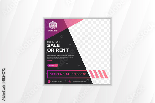 Editable minimal square banner template for sale or rent of home. black background color with pink purple  gradient element. Suitable for social media post and web internet ads.  photo college