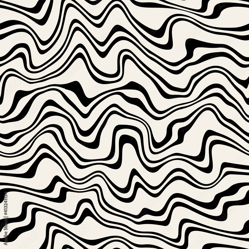 Vector seamless pattern. Abstract distorted striped texture. Monochrome curved stripes. Creative bold wavy background. Decorative design with distortion effect. Can be used as swatch for illustrator.