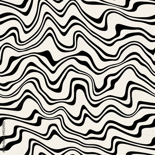 Vector seamless pattern. Abstract distorted striped texture. Monochrome curved stripes. Creative bold wavy background. Decorative design with distortion effect. Can be used as swatch for illustrator.