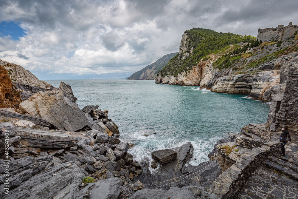 Cliff sea coast with Grotta di Lord Byron in Portovenere or Porto Venere town on Ligurian coast. Province of La Spezia. Italy