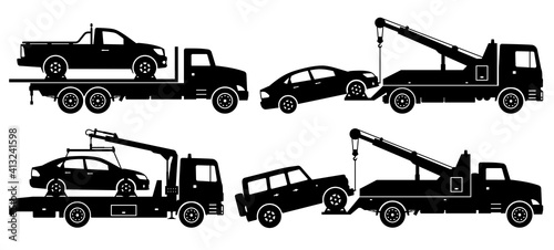 Tow trucks silhouette on white background. Vehicle icons set view from side