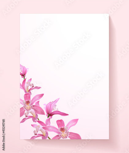 Love letter blank template with orchid flower pattern background. Holiday beautiful vertical vector design a4 format for wedding invitation, save the date card, letterhead, romantic letter, love note
