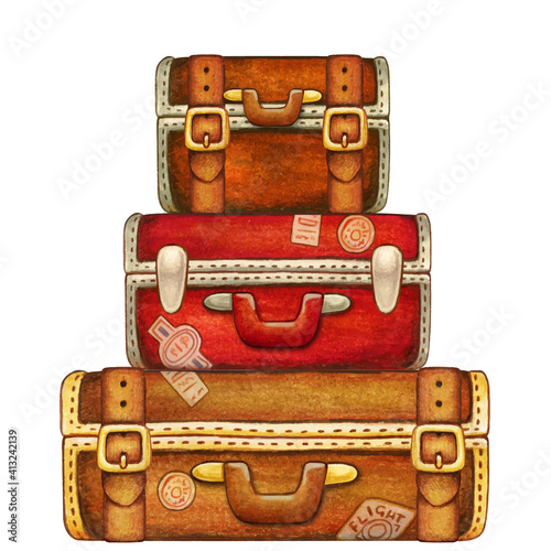 Vintage watercolor hand drawn stack of suitcases