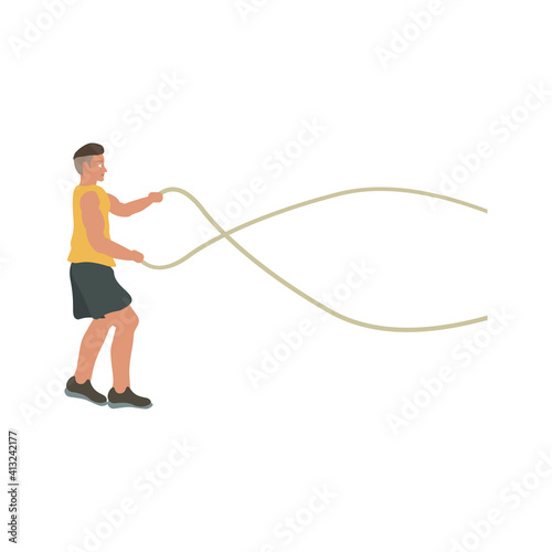 man training with ropes in gym on white background