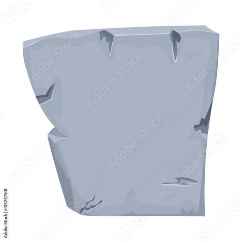 Stone, rock in cartoon style detailed with cracked elements isolated on white background. Ui game assets, granite block boulder for decor, menu. Empty banner.