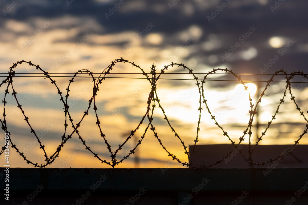 Barbed wire on the fence in the early morning. Background Barbed wire on the fence in the early morning. Background