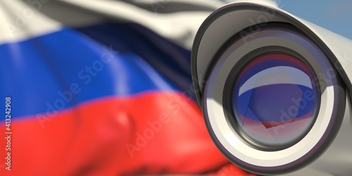 National flag of Russia and CCTV camera. Surveillance system conceptual 3D rendering