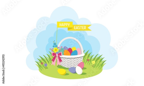 Spring, Easter. Easter basket, colored eggs, flowers on the grass. Cute flat style on white background. Vector illustration.