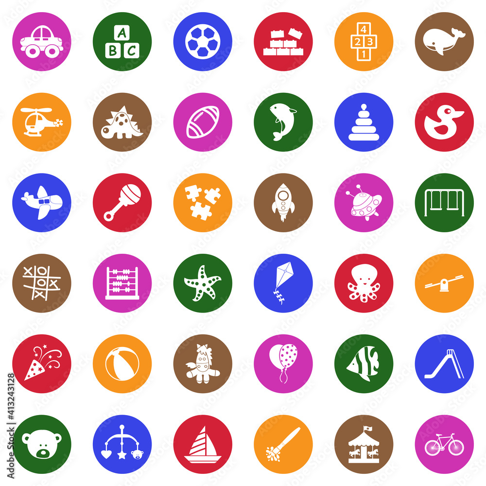 Toys And Fun Icons. White Flat Design In Square. Vector Illustration. Toys And Fun Icons. White Flat Design In Square. Vector Illustration.