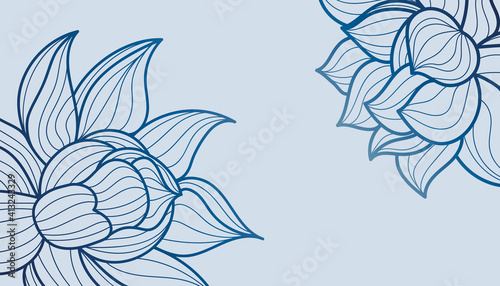 Floral line art. Floral blue background. Blue floral pattern lotus flower