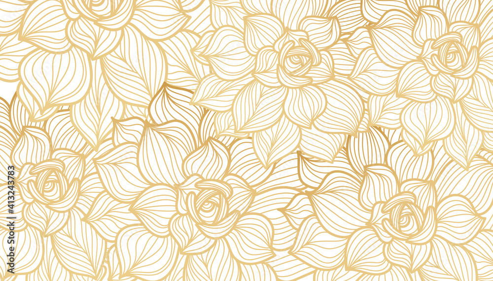 Golden lotus, line art background on white background. Design for wallpaper, poster, cover. Vector illustration.