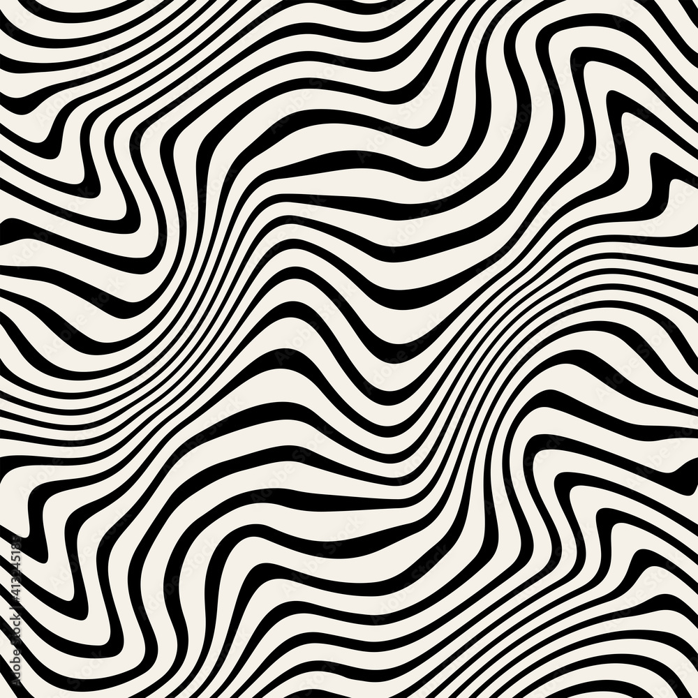 Vector seamless pattern. Abstract distorted striped texture. Monochrome curved stripes. Creative bold wavy background. Decorative design with distortion effect. Can be used as swatch for illustrator.