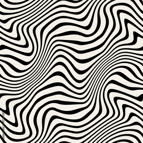 Vector seamless pattern. Abstract distorted striped texture. Monochrome curved stripes. Creative bold wavy background. Decorative design with distortion effect. Can be used as swatch for illustrator.