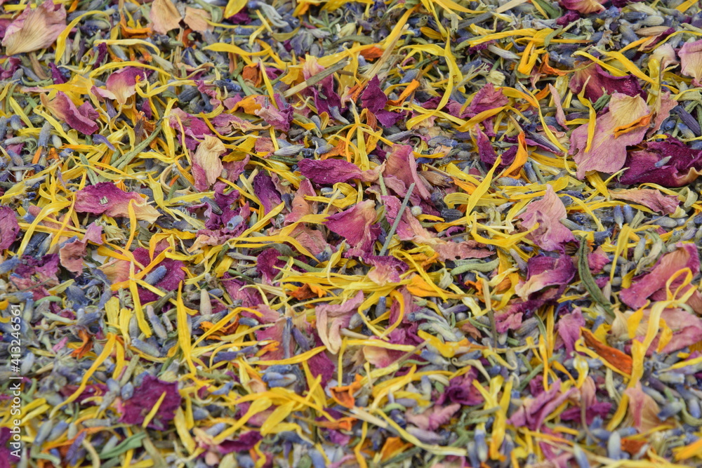 Mix of dried herbs flowers petals, mixed colorful aromatic dry flowers for background