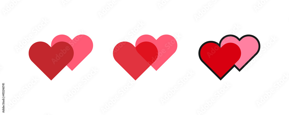 Set of Heart Icons. Red Double Hearts isolated on White Background. Symbol of Love. Flat Vector Illustration. Simple Icon Design Template Elements.