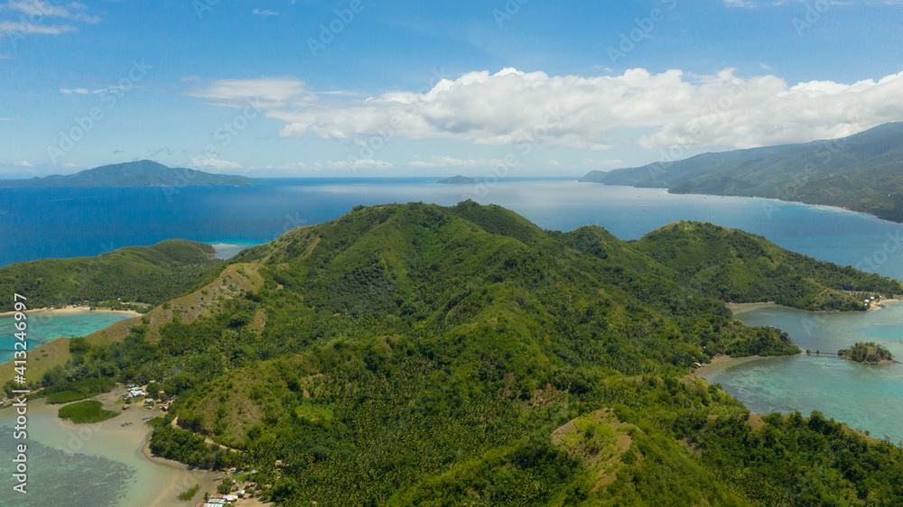 Aerial view of Sleeping dinosaur island of Mati Davao Oriental Philippines. One of the known tourist spot of that area. Philippines, Mindanao.