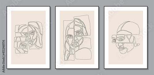 Set of minimalist contemporary portrait of woman beauty surreal face