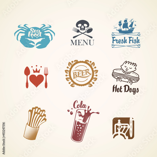 Set of logos, icons, labels, stickers or badges on the theme of food and drink. Vector emblems for restaurant menu, seafood, fast food, beer, cola, coffee in retro style isolated on a light background