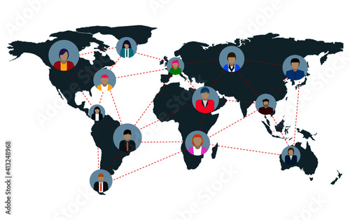 connected social network that is located around the world has a network that connects the world. Unlimited communication. Vector flat illustration.
