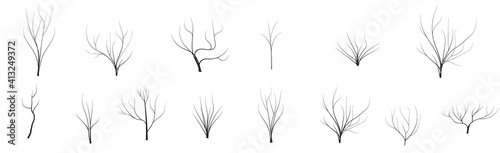 vector set dead winter trees without leaves cartoon style Nature icon collection, infographic constructor. Game design