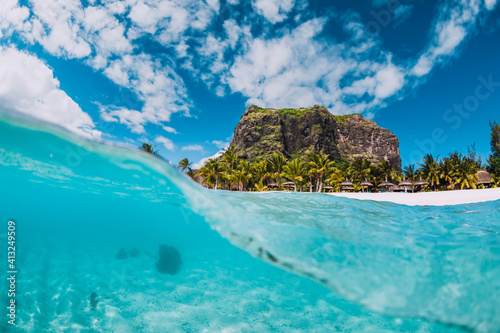 Tropical transparent ocean with Le Morne mountain and luxury beach in Mauritius © artifirsov