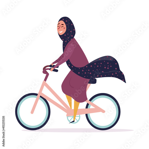 Young Muslim woman wearing trendy clothes and hijab rides a bicycle. Fashionable Arab girl. Female character isolated on white background. Flat cartoon vector illustration. 