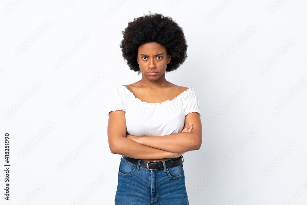 Young African American woman isolated on white background feeling upset Young African American woman isolated on white background feeling upset