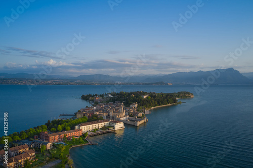 Sirmione city, Italy. Lake Garda. Historic castle Castello di Sirmione Aerial view