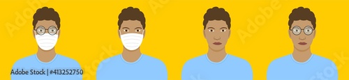African American with mask and glasses, editable vector