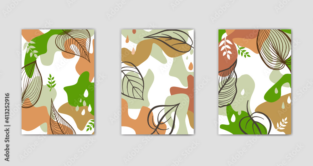 Set of autumn floral design. Floral seamless pattern. Branch with leaves ornamental texture. Flourish nature garden textured background. Abstract organic shape graphic items.