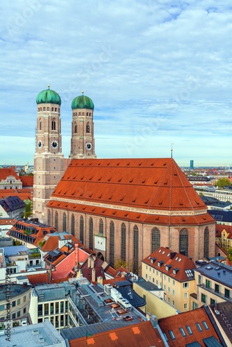 Aerial view of Cathedral of Our Dear Lady, The Frauenkirche in Munich city, Germany