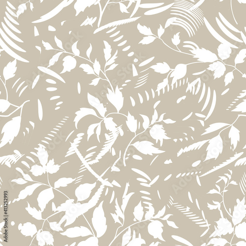 Floral seamless pattern. Branch with leaves ornamental texture. Flourish nature garden textured background