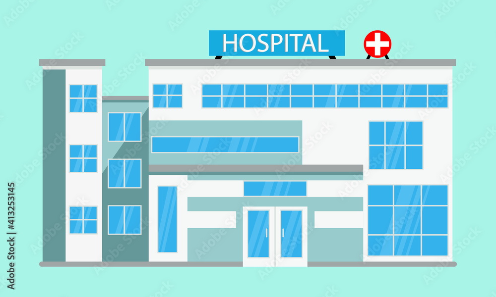 Vector illustration of a cartoon style medical hospital building. Isolated on blue background.