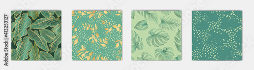 Floral leaves seamless pattern set. Foliage garden background. Floral ornamenal tropical nature summer palm leaves decorative retro style wallpaper. Design collection