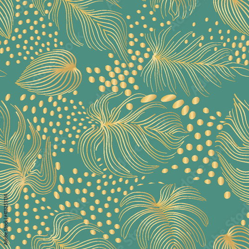 Floral seamless pattern with abstract shaped and leaves. Foliage garden background with polka dots. Artistic line drawn palm leaf backgroun in decorative retro style wallpaper