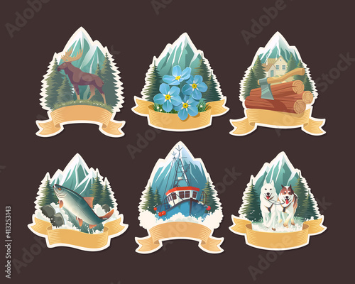 Vector illustration set with Alaska natural scenery, labels and stickers design with fishing boat, sledding dogs, lumberjack axe, majestic moose, salmon in the stream and forget-me-not flowers