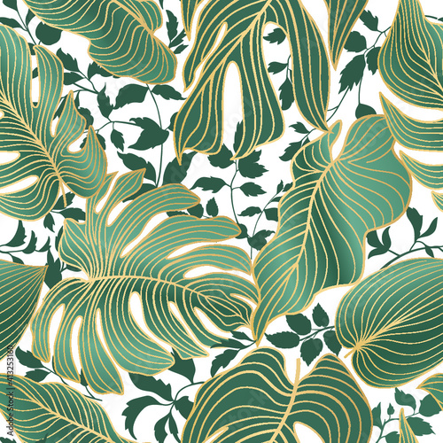 Floral seamless pattern with tropical leaves. Nature lush background. Flourish garden texture with line art tropical palm leaves