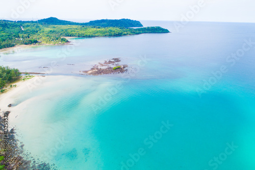 Aerial view white sand beach turquoise water with palm tree nature landscape
