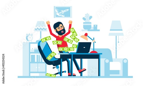 Money flow from laptop. Winning money online in the internet. Man won the jackpot. Vector illustration.
