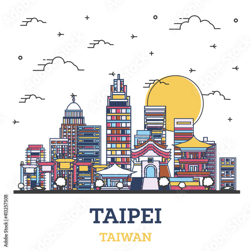 Outline Taipei Taiwan City Skyline with Colored Modern Buildings Isolated on White.