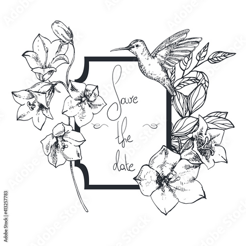 Hand drawn vector wedding Invitation, save the date, thank you, rsvp card. Design template. Bellflower, bluebell, campanula