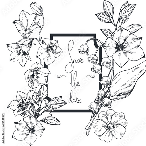 Hand drawn vector wedding Invitation, save the date, thank you, rsvp card. Design template. Bellflower, bluebell, campanula