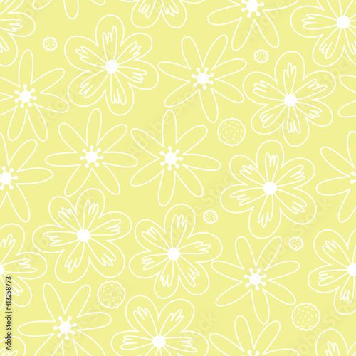 Stylish Spring seamless pattern with yellow flowers and leaves in pantone 2021 colors. Vector Easter pattern in Illuminating trendy colors.