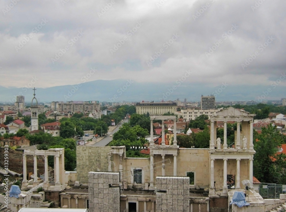 Panorama of the city of Plovdiv. Historic center, hills and houses. Ancient roman ruins, Amphitheater. Balkans. Bulgaria. Europe	