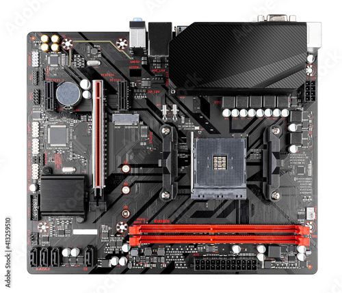 black computer mainboard or motherboard of a pc in micro atx format with red RAM memory sockets  isolated white background. pc hardware technology concept photo