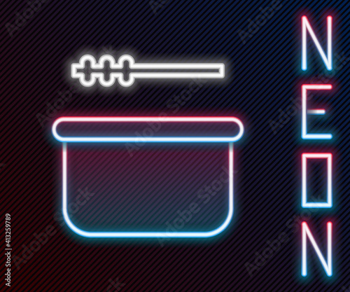 Glowing neon line Sauna bucket and ladle icon isolated on black background. Colorful outline concept. Vector Illustration.